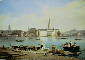 Ein Blick auf Riddarholmen am See Mälaren mit dem Ridarhuset und der Riddarholmskirche, Stockholm
